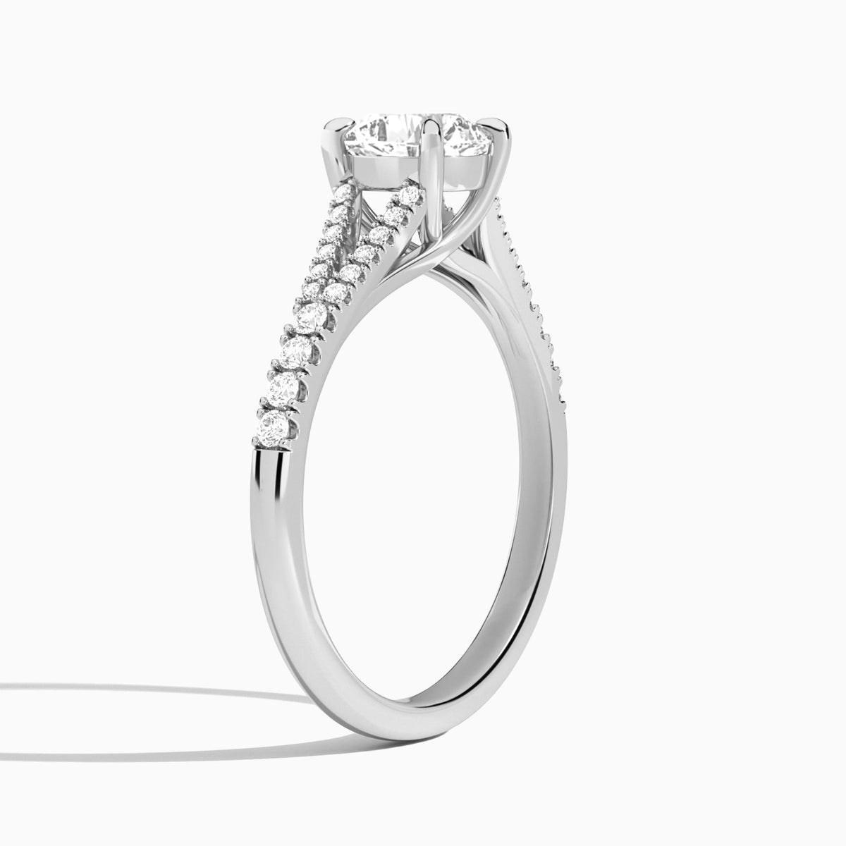 Cushion Split Shank Lab Grown Diamond Engagement Ring In 18K White Gold, Angle View