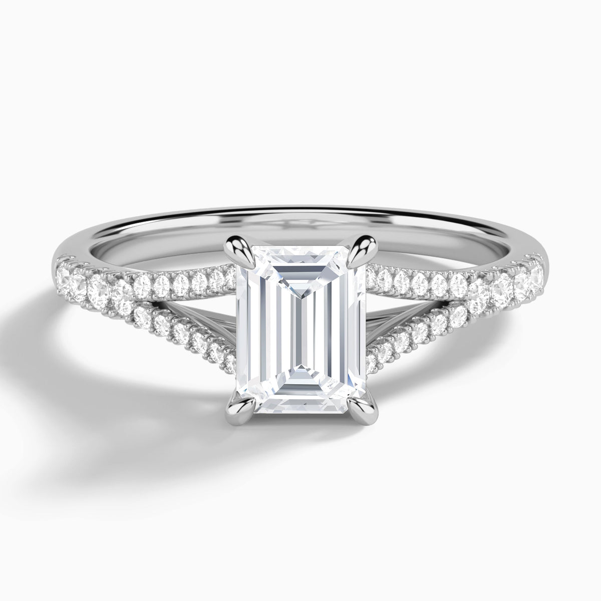 Emerald Split Shank Lab Grown Diamond Engagement Ring In 18K White Gold - Lucenjuri