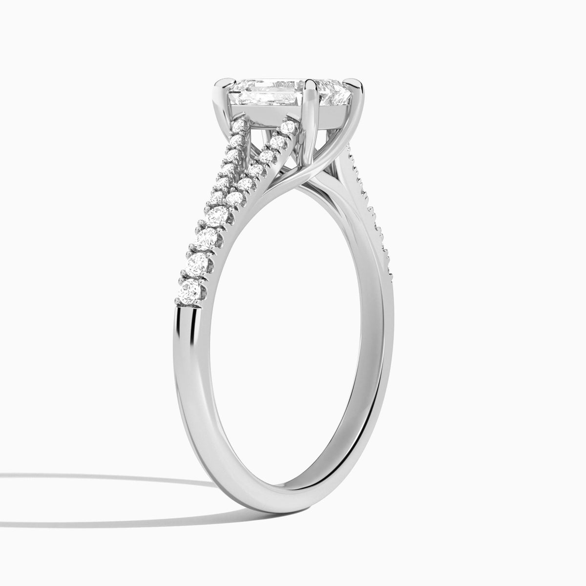Emerald Split Shank Lab Grown Diamond Engagement Ring In 14K White Gold, Angle View