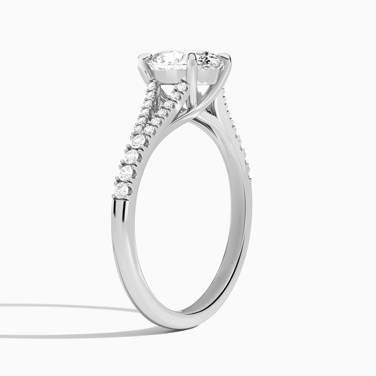 Oval Split Shank Lab Grown Diamond Engagement Ring In 14K White Gold, Angle View