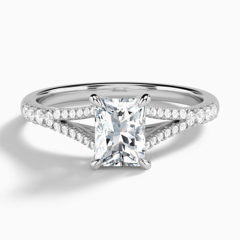 Radiant Split Shank Lab Grown Diamond Engagement Ring In 18K White Gold - Lucenjuri