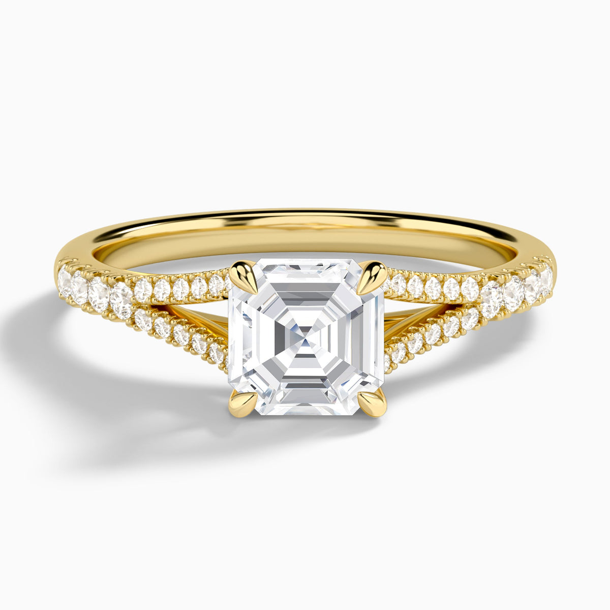 Asscher Split Shank Lab Grown Diamond Engagement Ring In 18K Yellow Gold - Lucenjuri