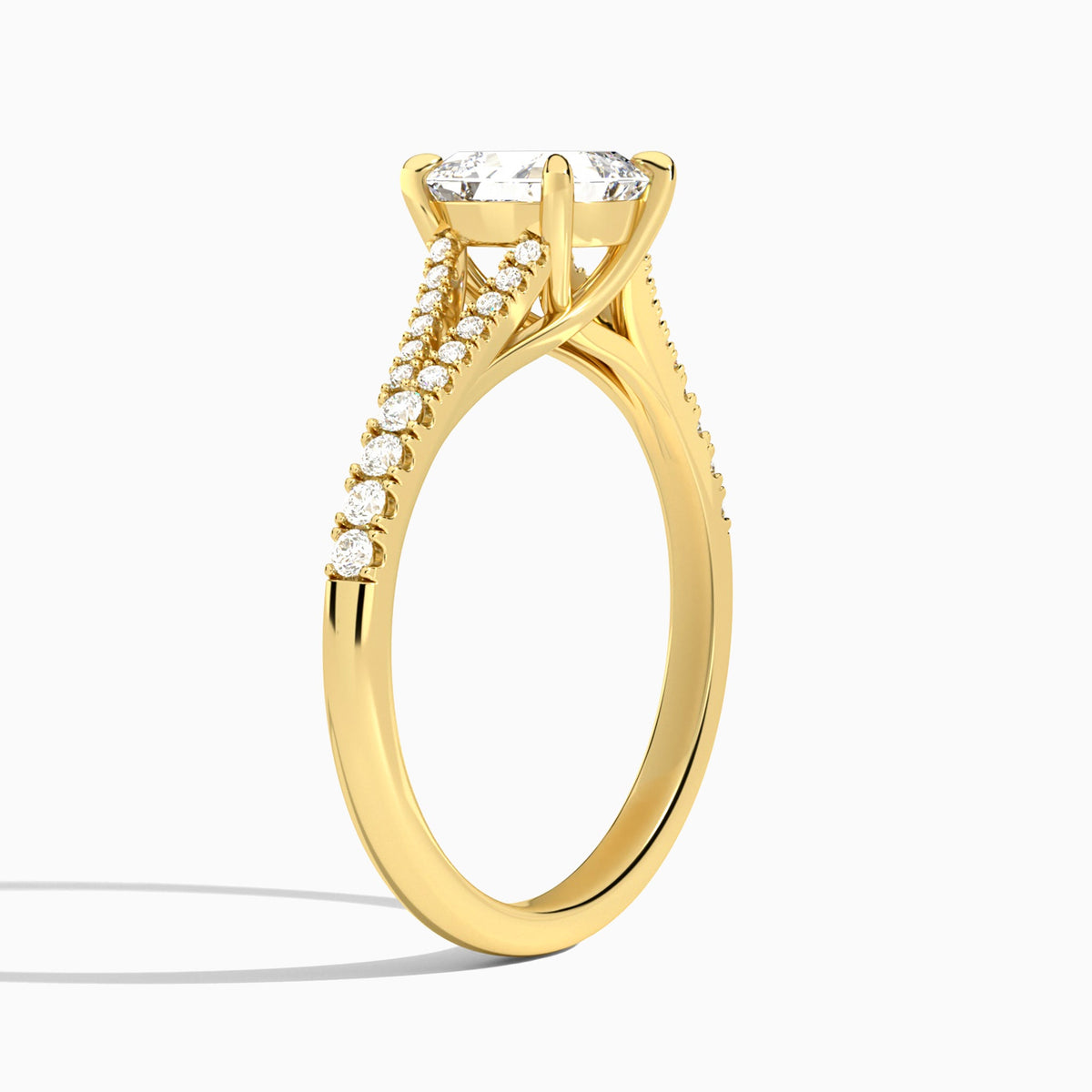 Asscher Split Shank Lab Grown Diamond Engagement Ring In 18K Yellow Gold, Angle View