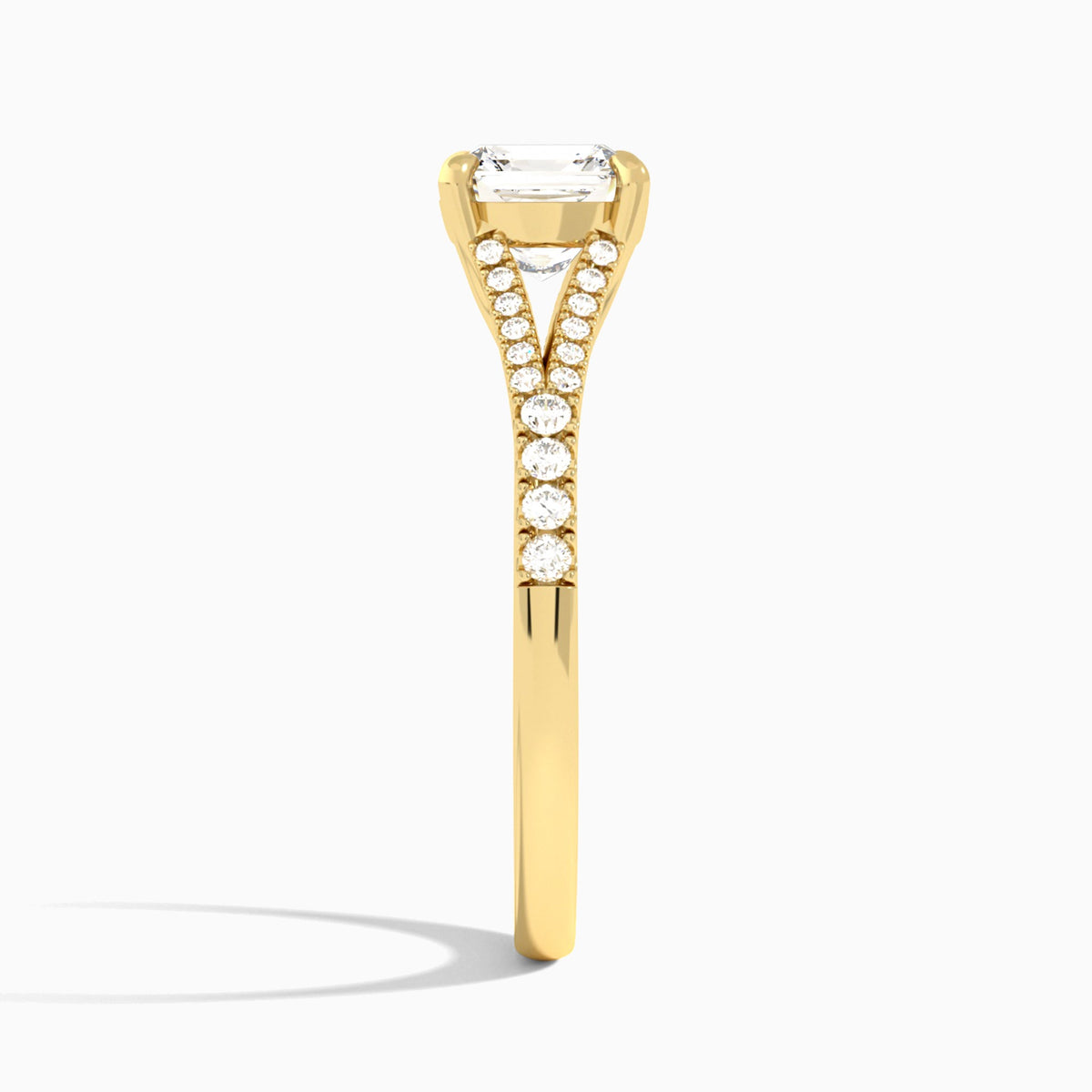 Asscher Split Shank Lab Grown Diamond Engagement Ring In 18K Yellow Gold, Side View