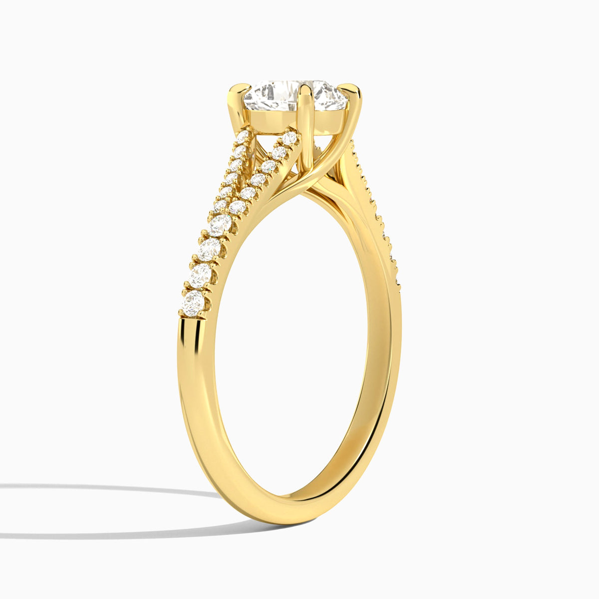 Cushion Split Shank Lab Grown Diamond Engagement Ring In 14K Yellow Gold, Angle View