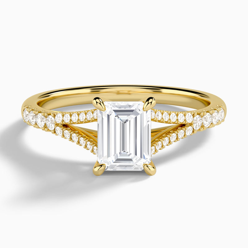 Emerald Split Shank Lab Grown Diamond Engagement Ring In 14K Yellow Gold