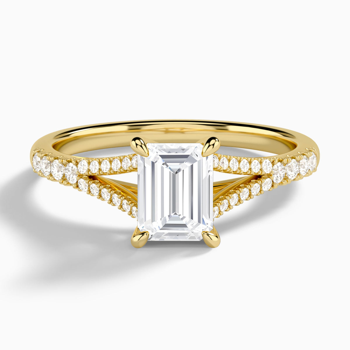 Emerald Split Shank Lab Grown Diamond Engagement Ring In 18K Yellow Gold - Lucenjuri