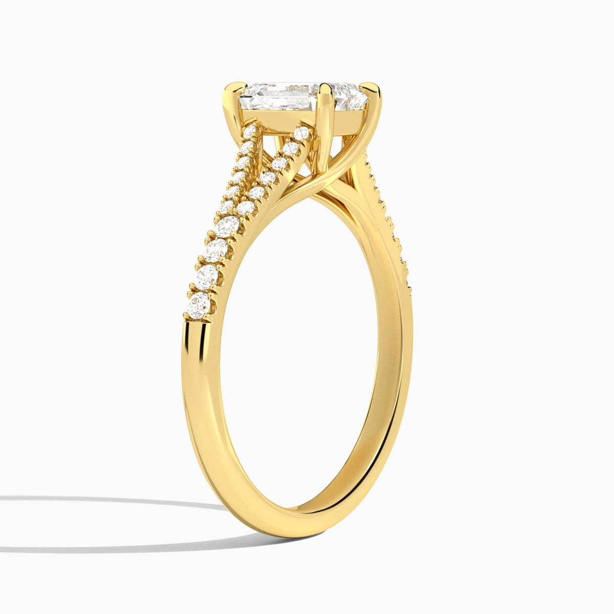 Emerald Split Shank Lab Grown Diamond Engagement Ring In 18K Yellow Gold, Angle View