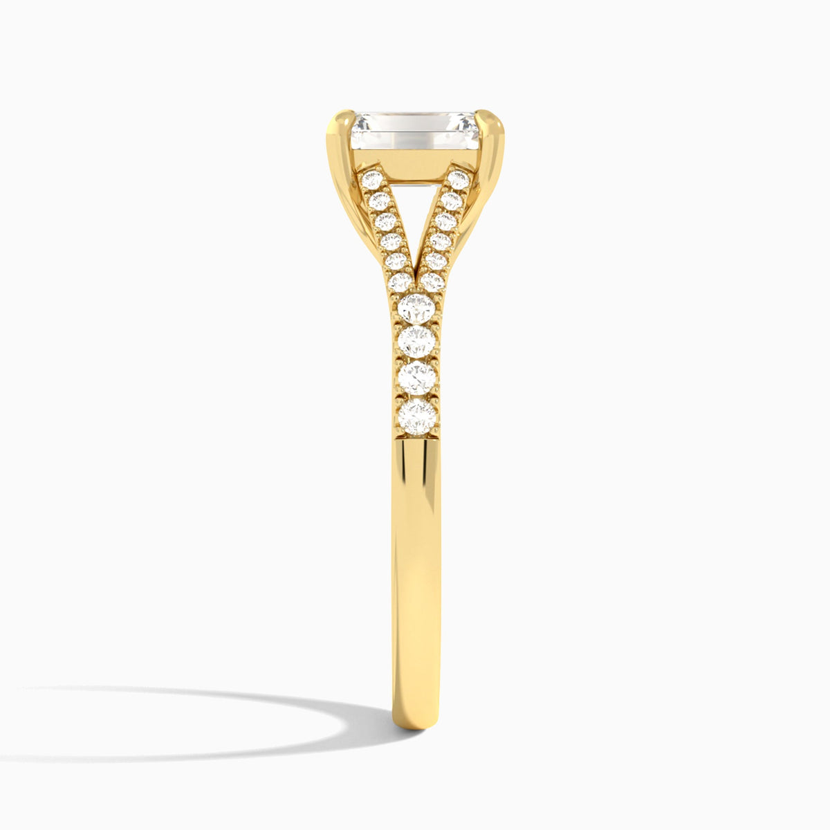 Emerald Split Shank Lab Grown Diamond Engagement Ring In 14K Yellow Gold, Side View