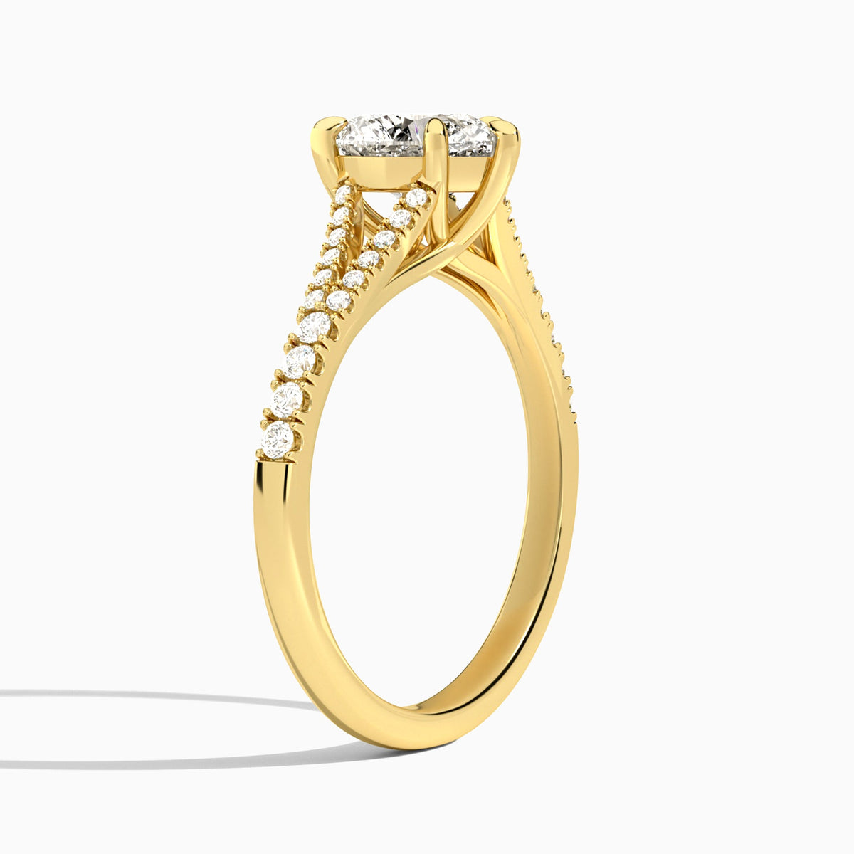 Heart Split Shank Lab Grown Diamond Engagement Ring In 18K Yellow Gold, Angle View