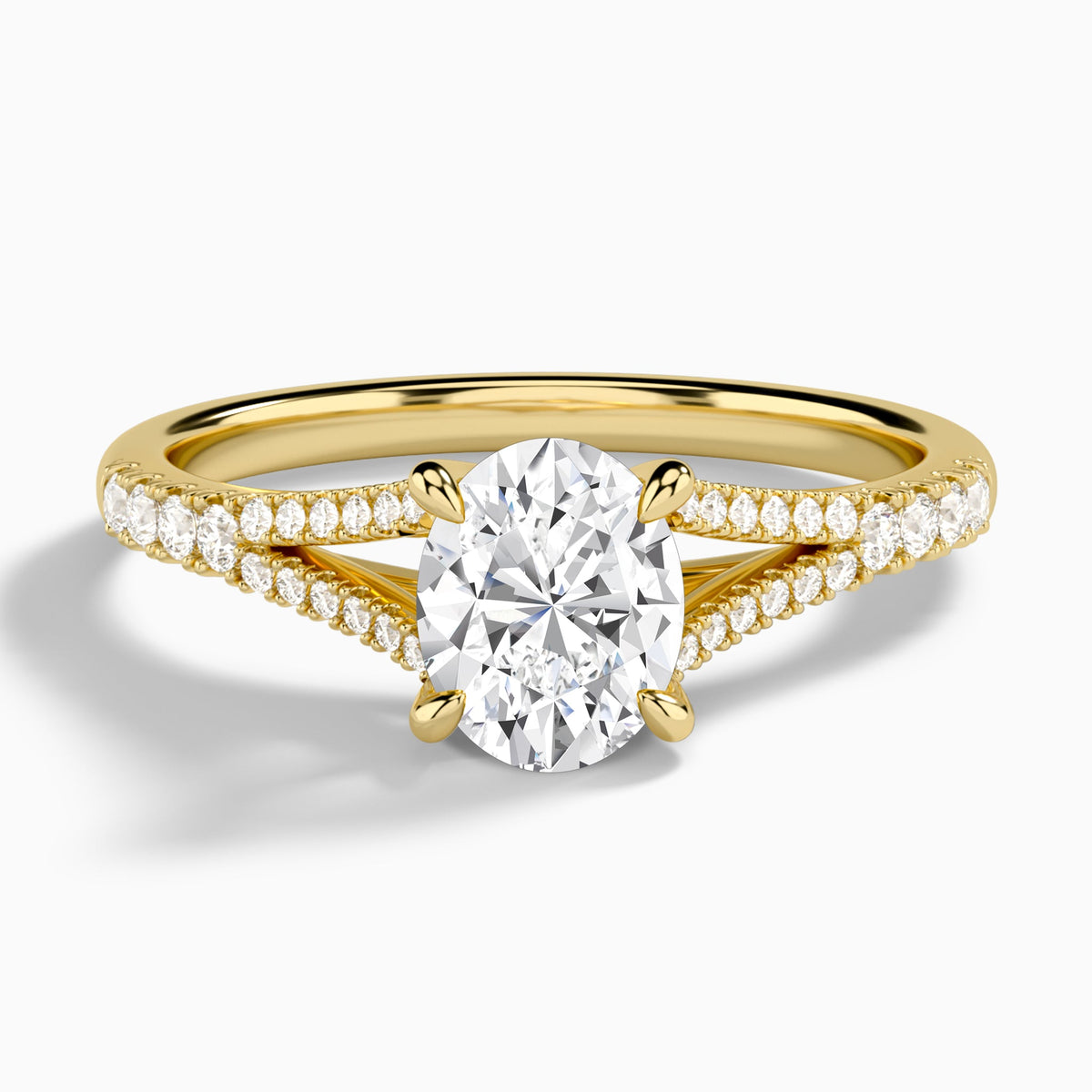 Oval Split Shank Lab Grown Diamond Engagement Ring In 18K Yellow Gold - Lucenjuri