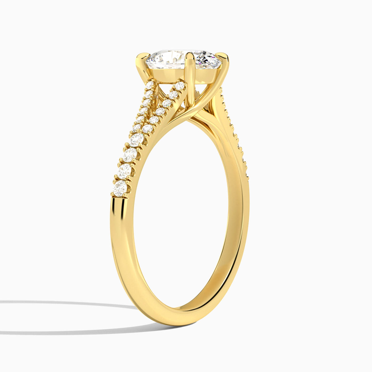 Oval Split Shank Lab Grown Diamond Engagement Ring In 14K Yellow Gold, Angle View