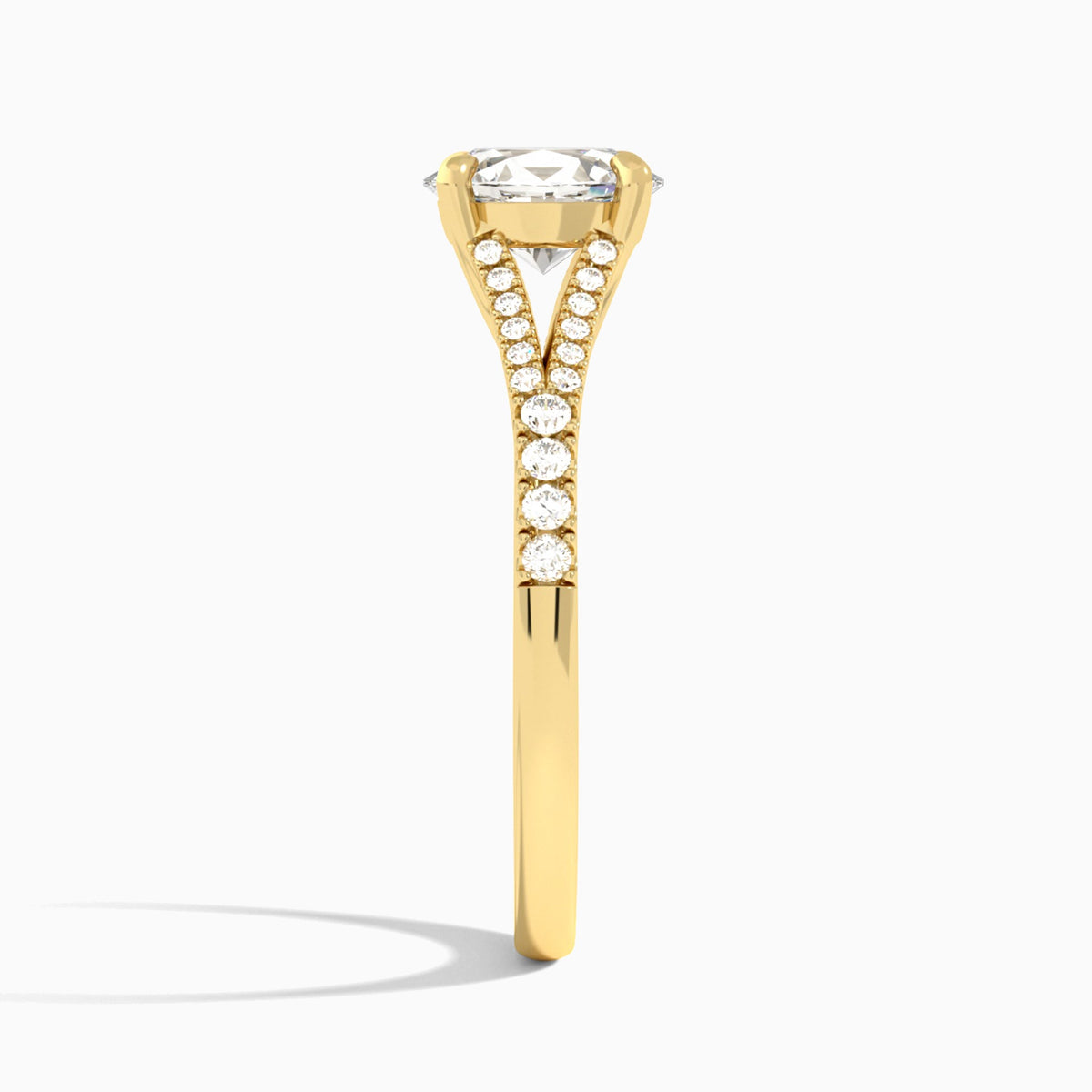 Oval Split Shank Lab Grown Diamond Engagement Ring In 18K Yellow Gold, Side View