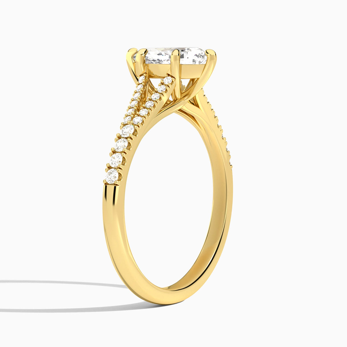 Pear Split Shank Lab Grown Diamond Engagement Ring In 18K Yellow Gold, Angle View