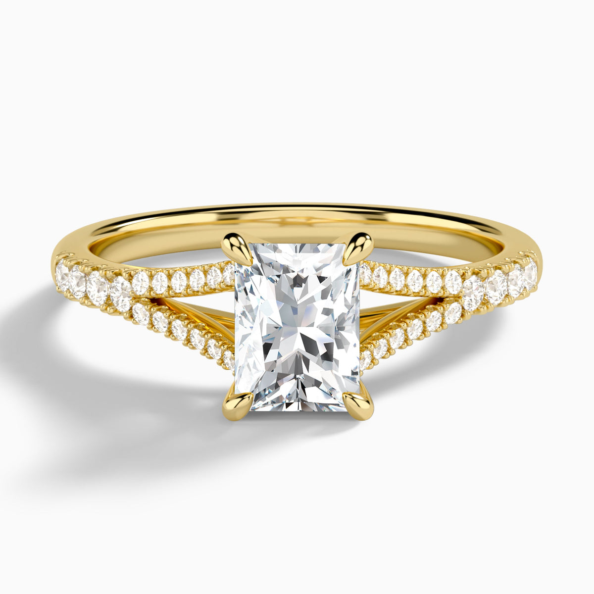 Radiant Split Shank Lab Grown Diamond Engagement Ring In 18K Yellow Gold - Lucenjuri