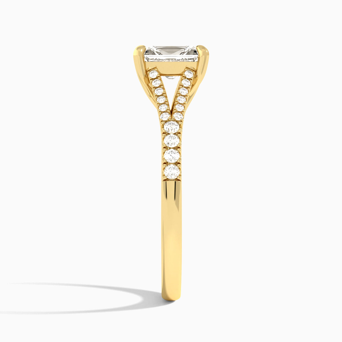 Radiant Split Shank Lab Grown Diamond Engagement Ring In 18K Yellow Gold, Side View