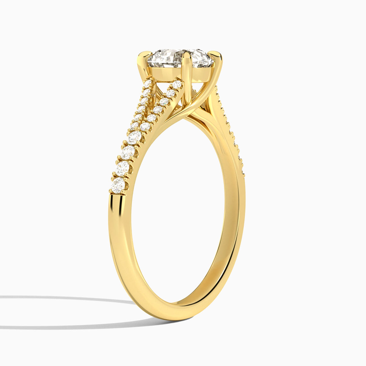 Round Split Shank Lab Grown Diamond Engagement Ring In 18K Yellow Gold, Angle View