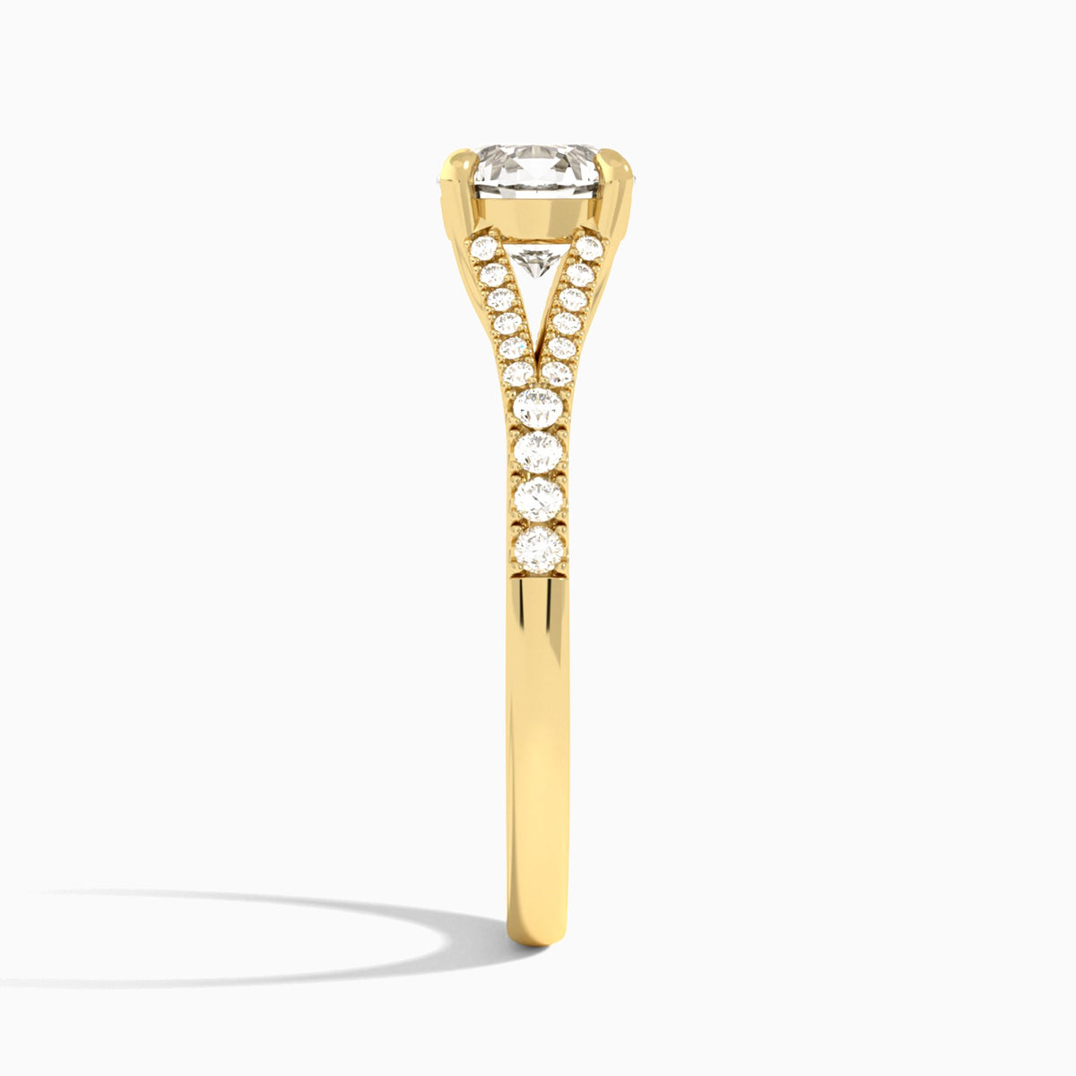 Round Split Shank Lab Grown Diamond Engagement Ring In 18K Yellow Gold, Side View