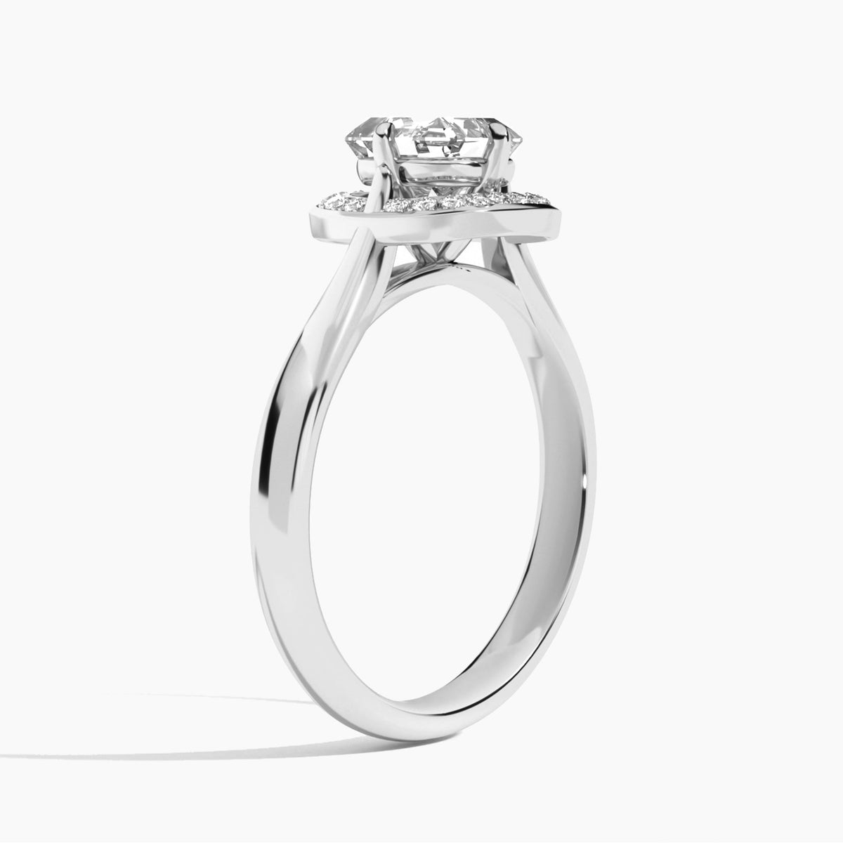 Asscher Solaris Halo Lab Grown Diamond Engagement Ring In 18K White Gold, Angle View