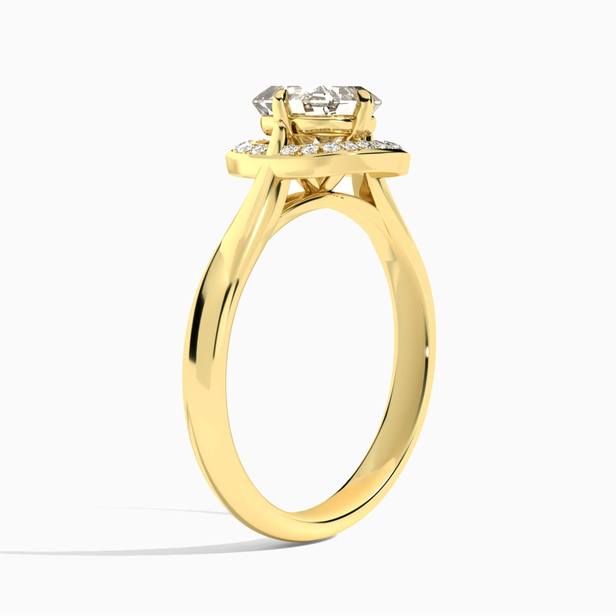 Asscher Solaris Halo Lab Grown Diamond Engagement Ring In 18K Yellow Gold, Angle View