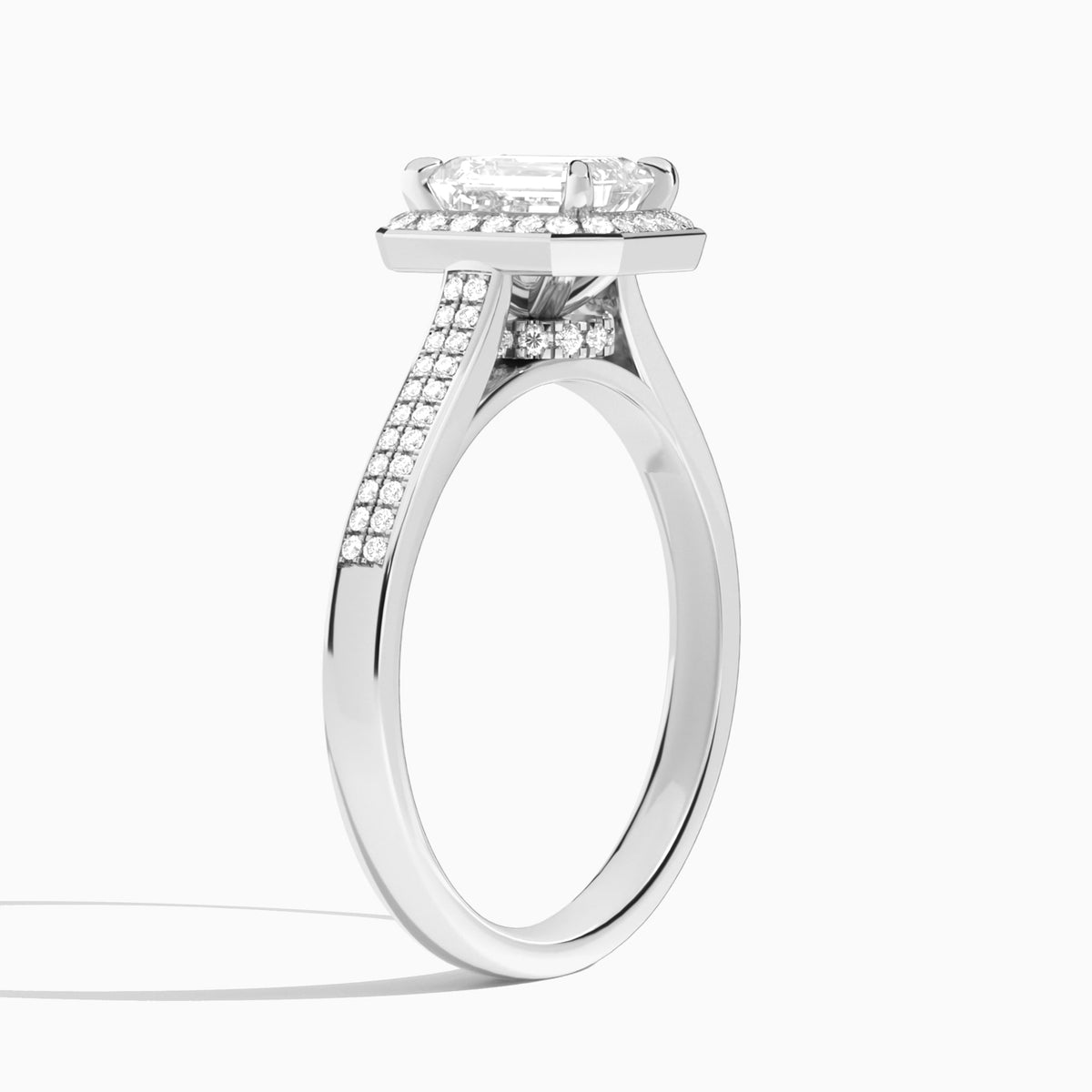 Emerald Double Halo Lab Grown Diamond Engagement Ring In Platinum, Angle View