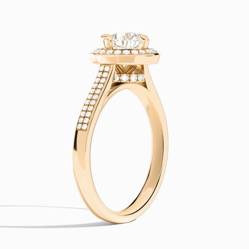 Cushion Double Halo Lab Grown Diamond Engagement Ring In 14K Rose Gold, Angle View