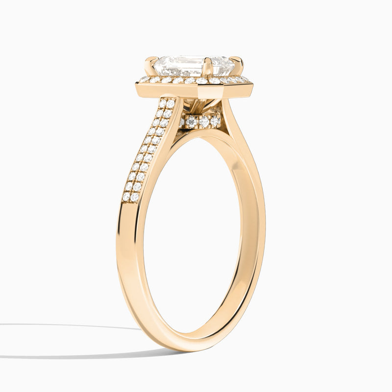 Emerald Double Halo Lab Grown Diamond Engagement Ring In 14K Rose Gold, Angle View