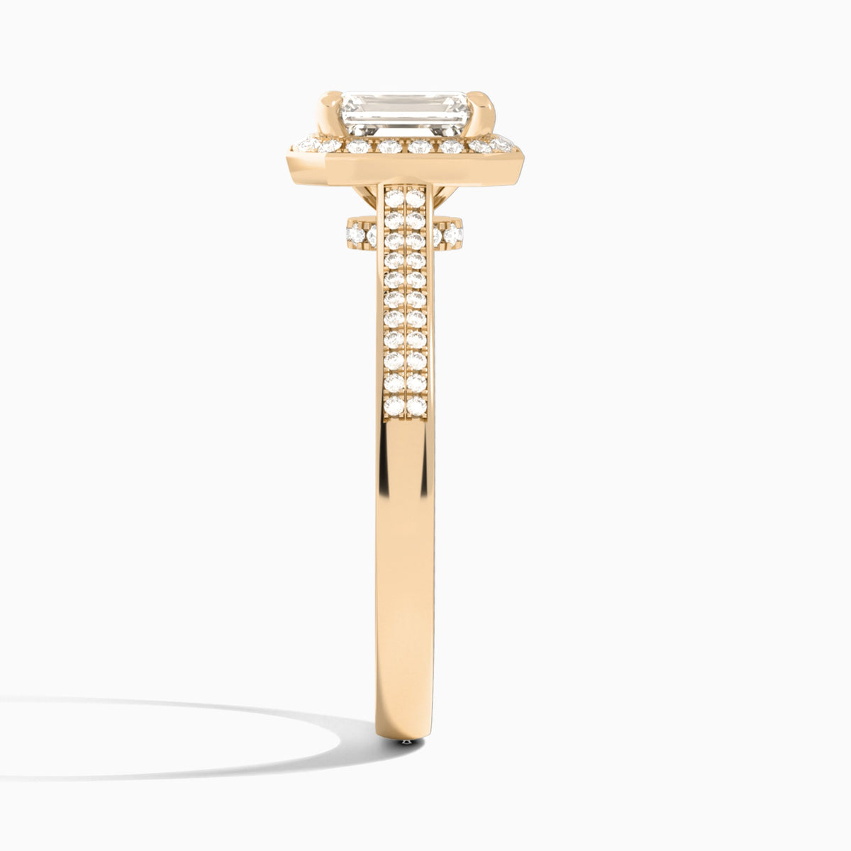 Emerald Double Halo Lab Grown Diamond Engagement Ring In 14K Rose Gold, Side View