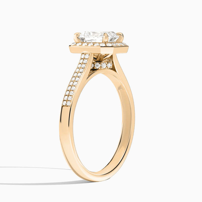 Radiant Double Halo Lab Grown Diamond Engagement Ring In 14K Rose Gold, Angle View