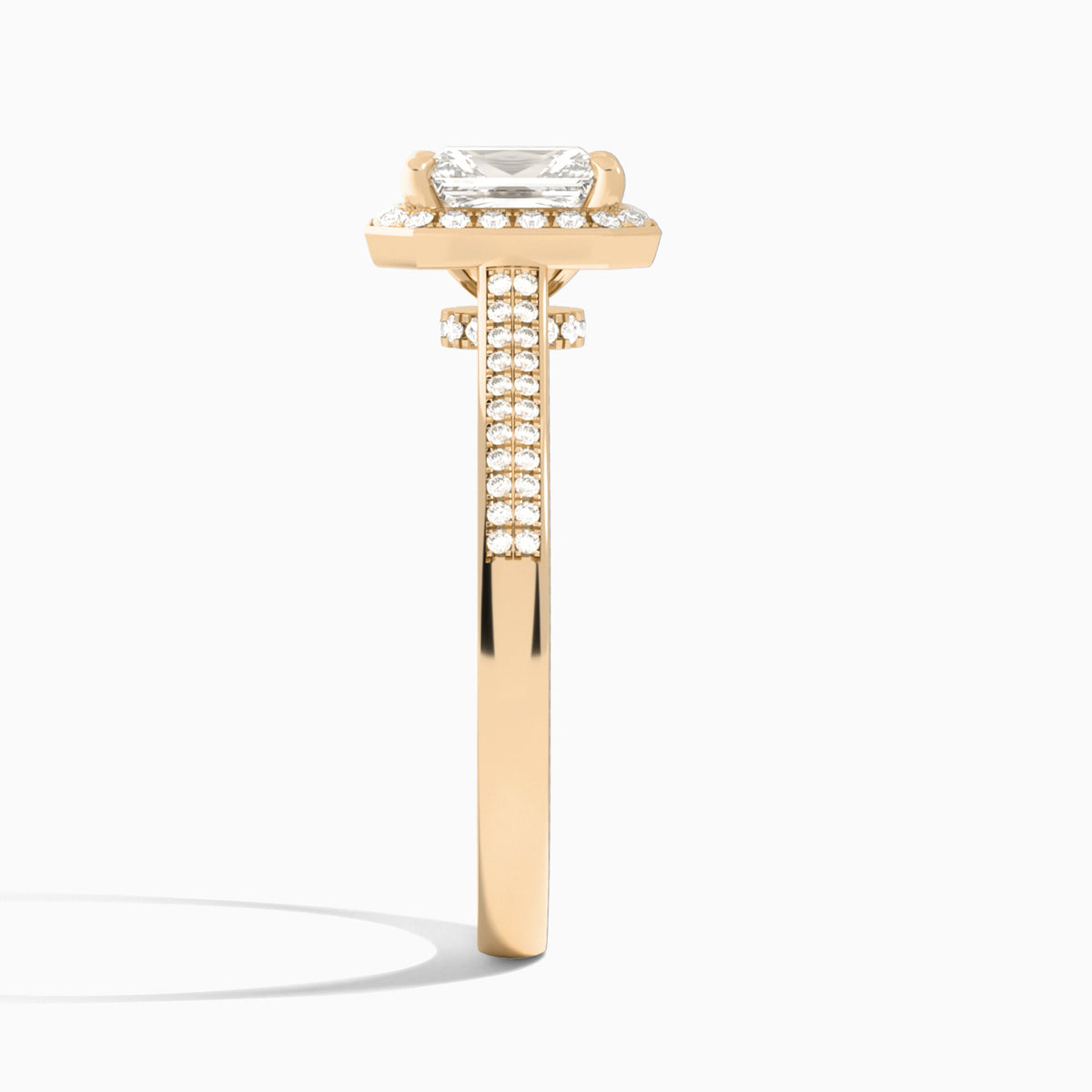 Radiant Double Halo Lab Grown Diamond Engagement Ring In 14K Rose Gold, Side View