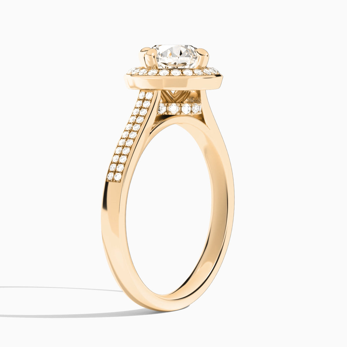 Round Double Halo Lab Grown Diamond Engagement Ring In 14K Rose Gold, Angle View