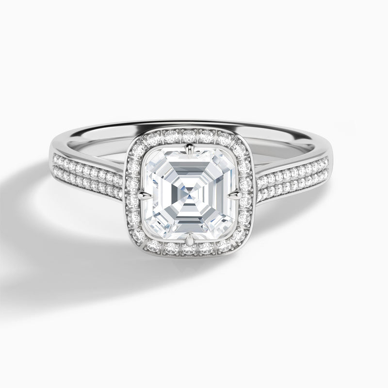 Asscher Double Halo Lab Grown Diamond Engagement Ring In 18K White Gold - Lucenjuri
