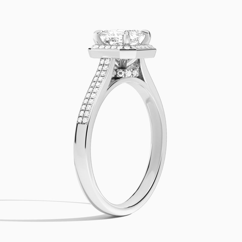 Asscher Double Halo Lab Grown Diamond Engagement Ring In 18K White Gold, Angle View