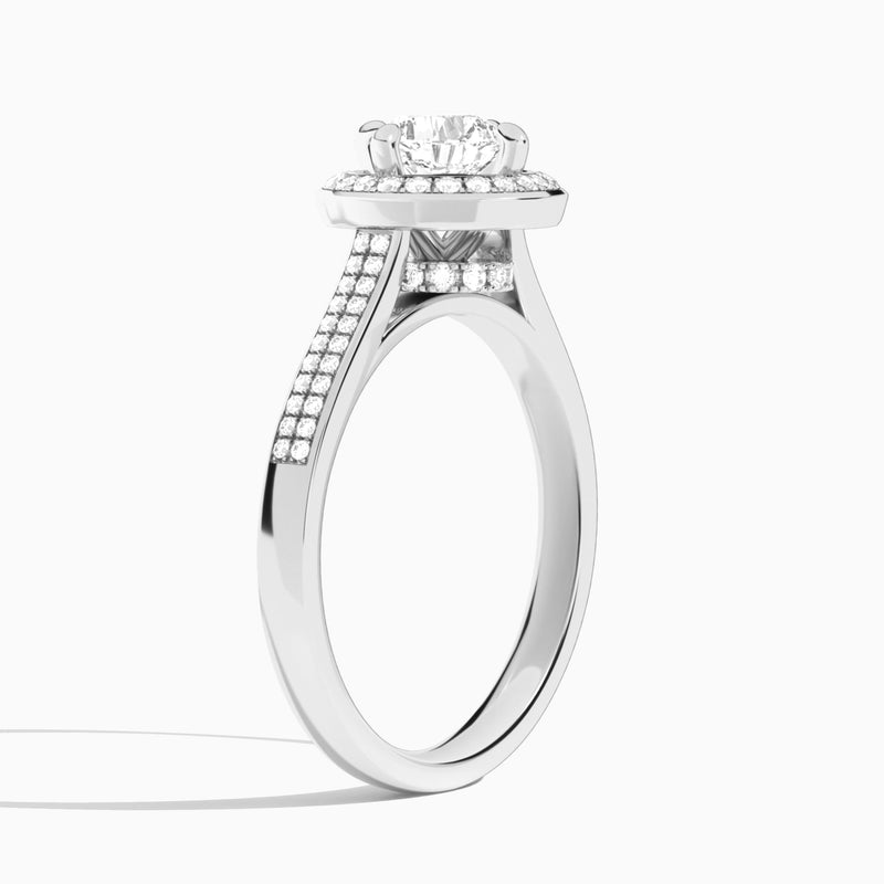 Cushion Double Halo Lab Grown Diamond Engagement Ring In 18K White Gold, Angle View