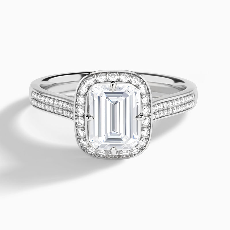 Emerald Double Halo Lab Grown Diamond Engagement Ring In 14K White Gold - Lucenjuri