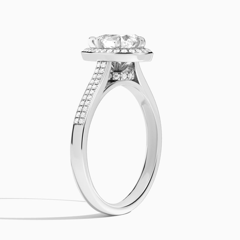 Pear Double Halo Lab Grown Diamond Engagement Ring In 18K White Gold, Angle View
