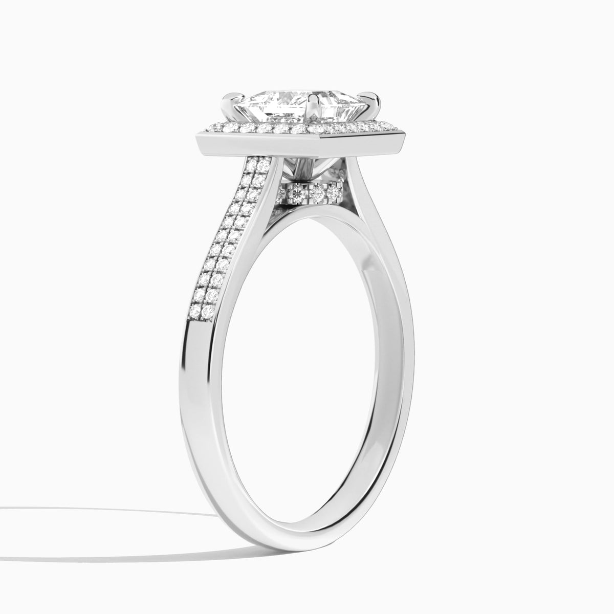 Princess Double Halo Lab Grown Diamond Engagement Ring In 14K White Gold, Angle View