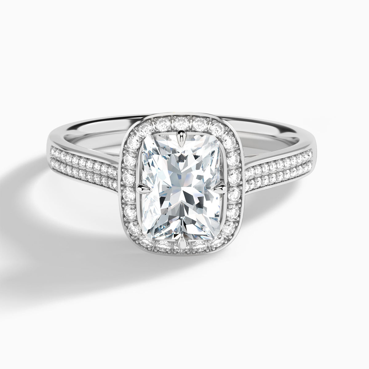 Radiant Double Halo Lab Grown Diamond Engagement Ring In 18K White Gold - Lucenjuri