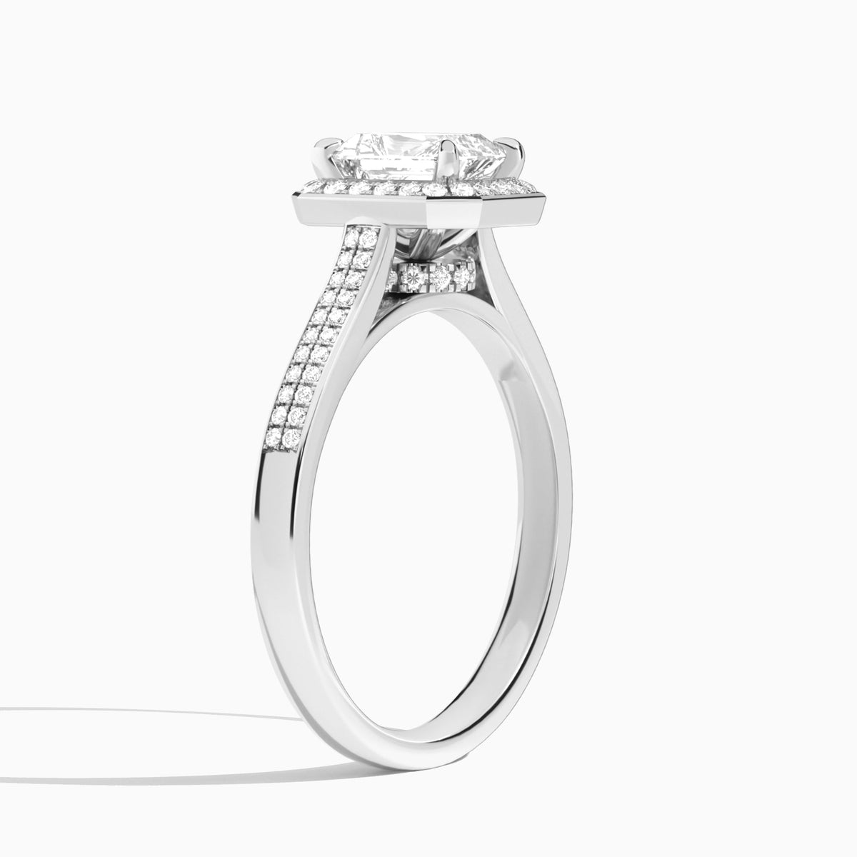 Radiant Double Halo Lab Grown Diamond Engagement Ring In 14K White Gold, Angle View