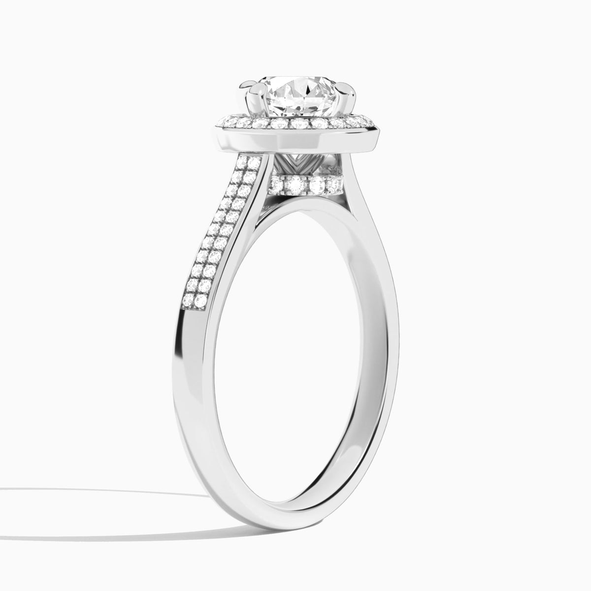 Round Double Halo Lab Grown Diamond Engagement Ring In 18K White Gold, Angle View