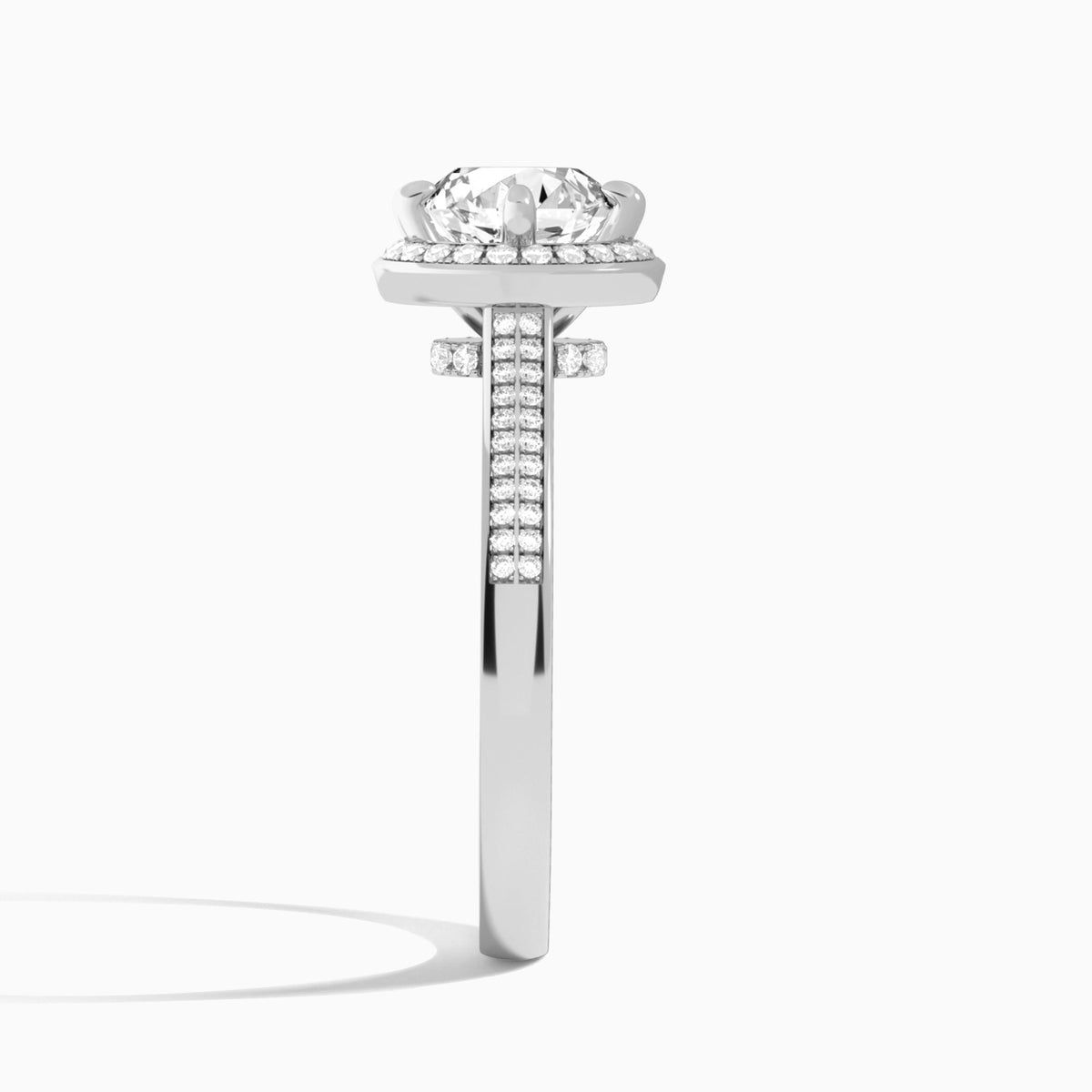 Round Double Halo Lab Grown Diamond Engagement Ring In 18K White Gold, Side View