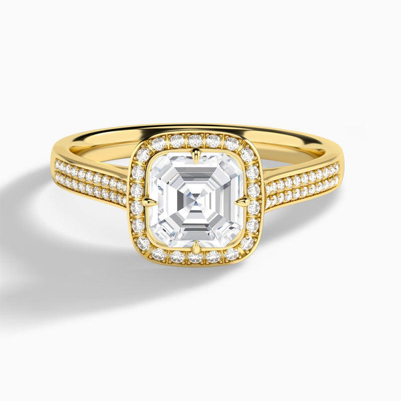 Asscher Double Halo Lab Grown Diamond Engagement Ring In 18K Yellow Gold - Lucenjuri