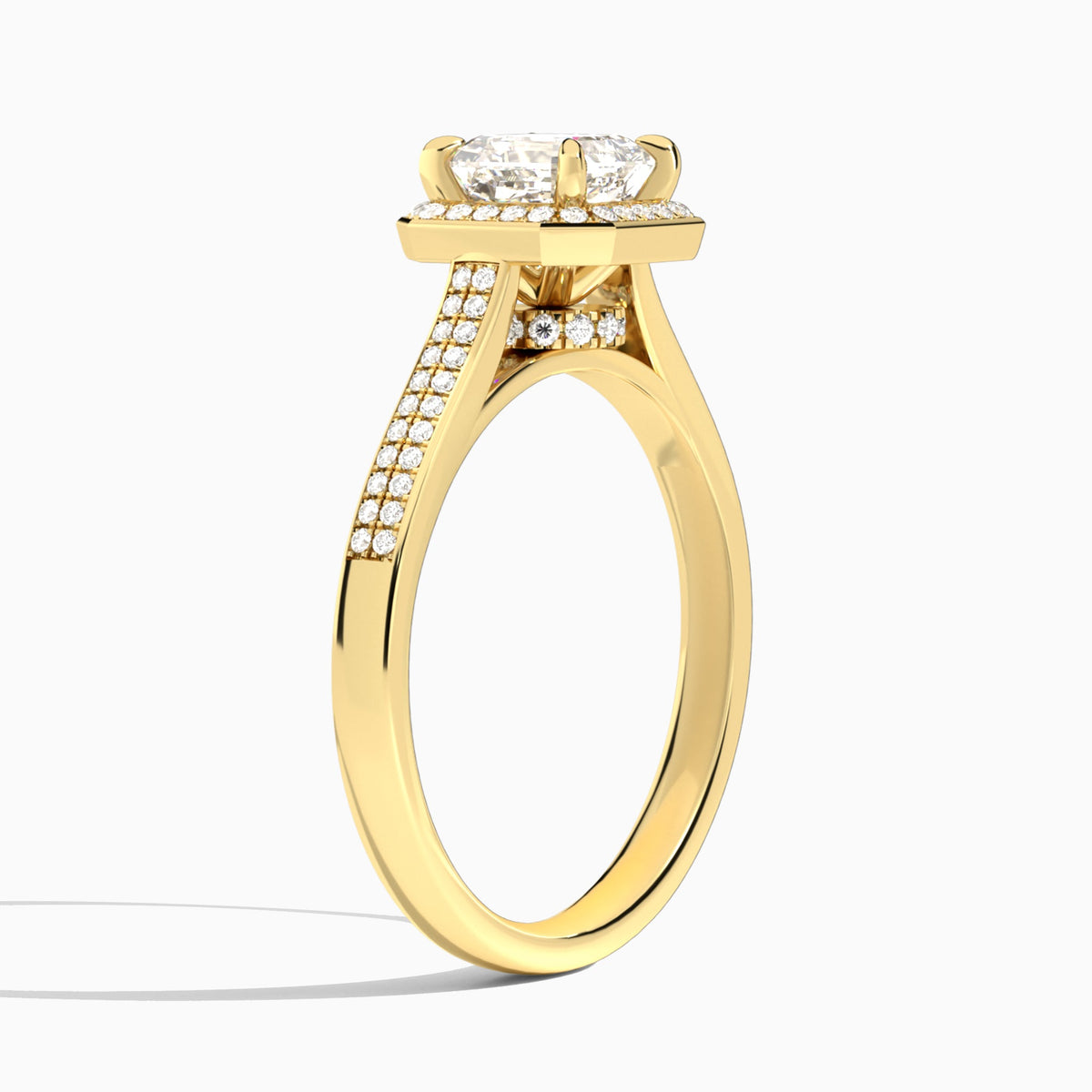 Asscher Double Halo Lab Grown Diamond Engagement Ring In 18K Yellow Gold, Angle View