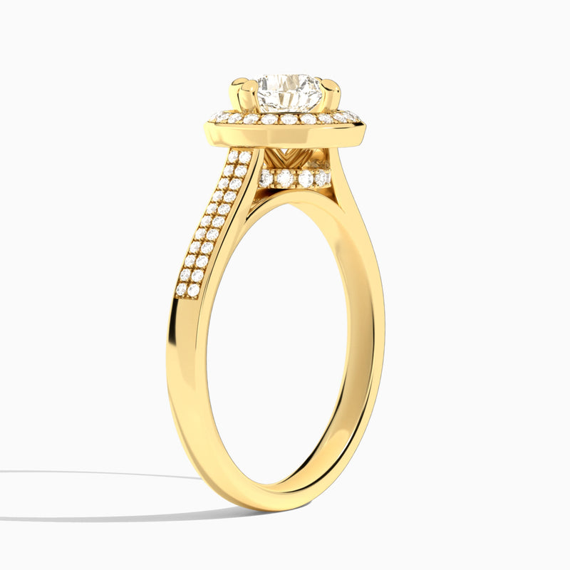 Cushion Double Halo Lab Grown Diamond Engagement Ring In 18K Yellow Gold, Angle View