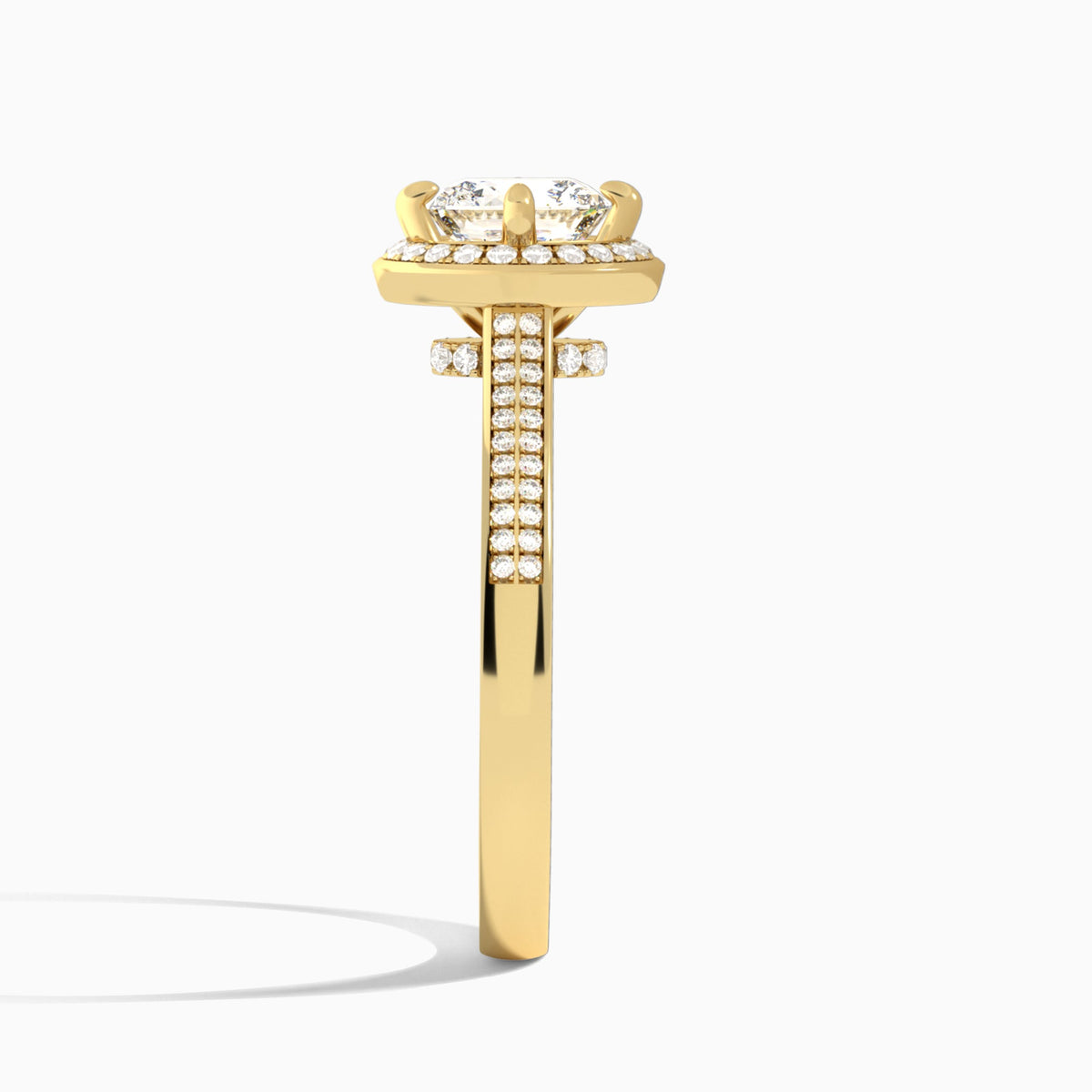 Cushion Double Halo Lab Grown Diamond Engagement Ring In 14K Yellow Gold, Side View