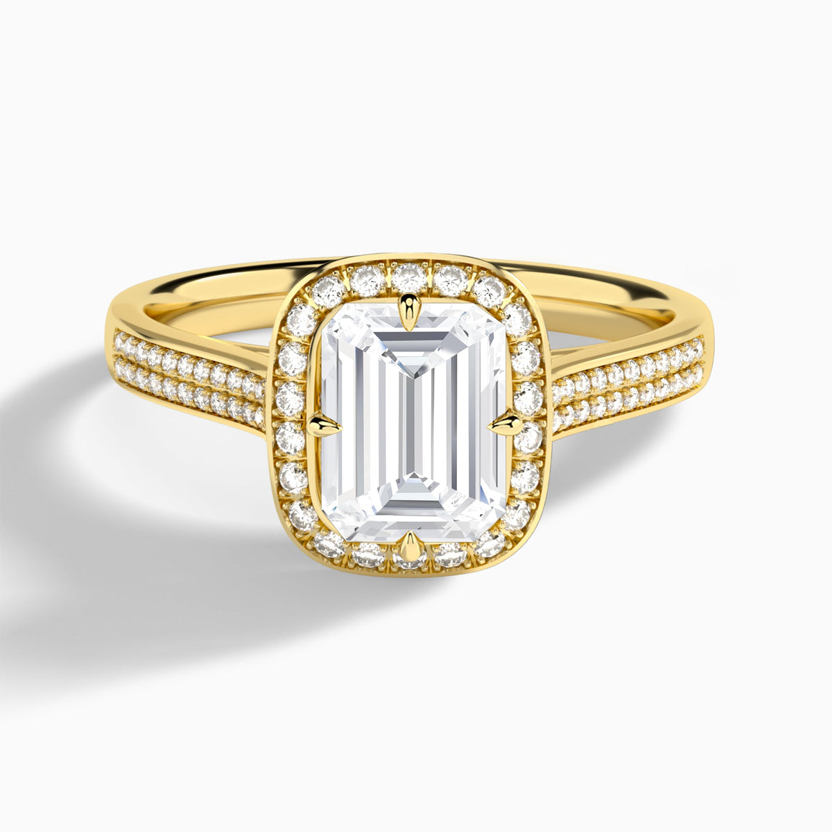Emerald Double Halo Lab Grown Diamond Engagement Ring In 14K Yellow Gold - Lucenjuri
