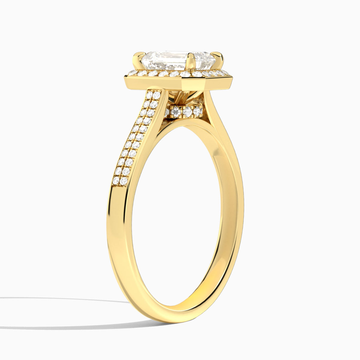 Emerald Double Halo Lab Grown Diamond Engagement Ring In 18K Yellow Gold, Angle View