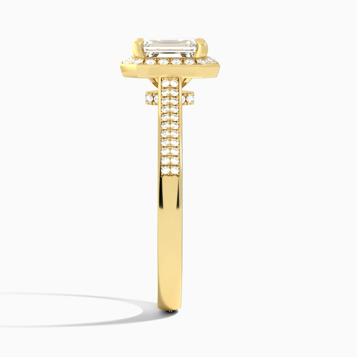 Emerald Double Halo Lab Grown Diamond Engagement Ring In 14K Yellow Gold, Side View