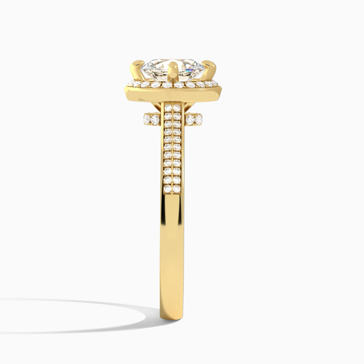 Oval Double Halo Lab Grown Diamond Engagement Ring In 14K Yellow Gold, Side View