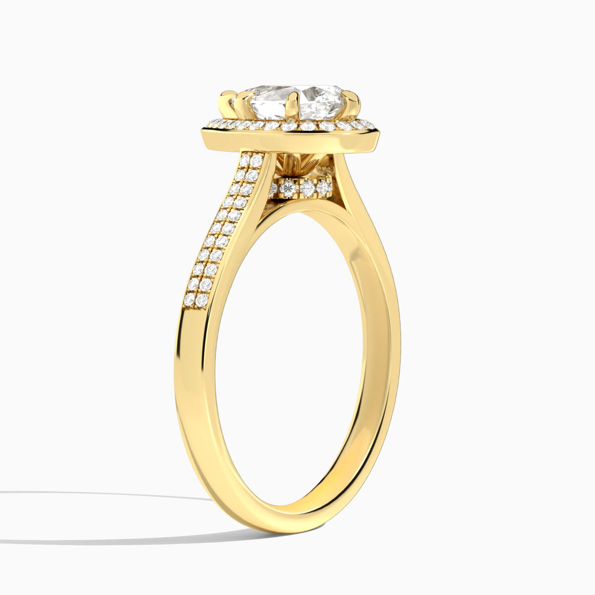 Pear Double Halo Lab Grown Diamond Engagement Ring In 18K Yellow Gold, Angle View